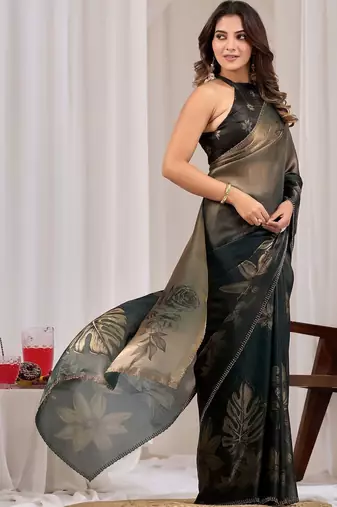 Green floral sequinned organza saree