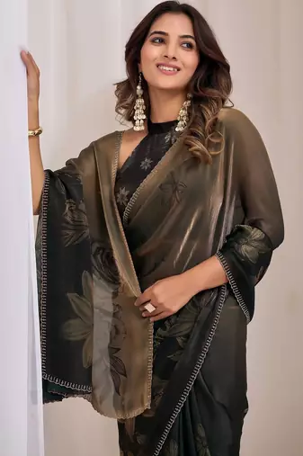 Green floral sequinned organza saree