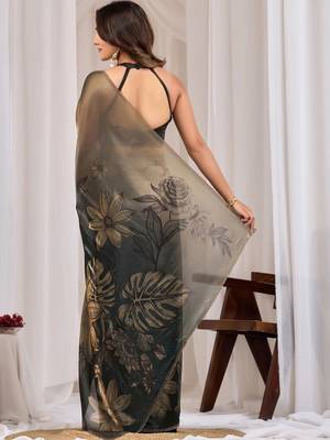 Green floral sequinned organza saree 4