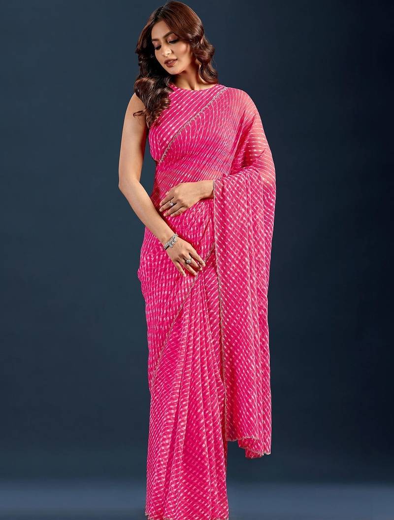 Pink leheriya beads and stones  chiffon saree
