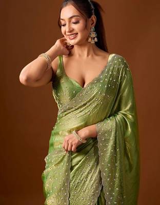 Lime embellished beads and stones silk blend saree 1