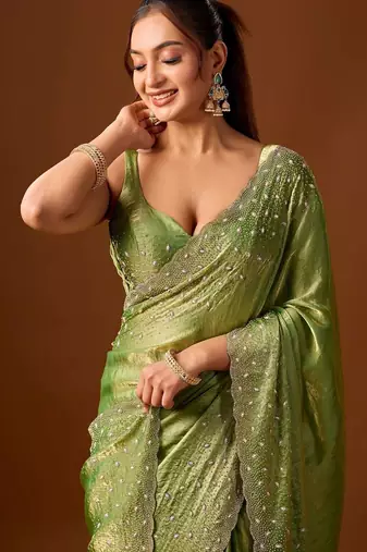 Lime embellished beads and stones silk blend saree