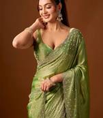 Lime embellished beads and stones silk blend saree