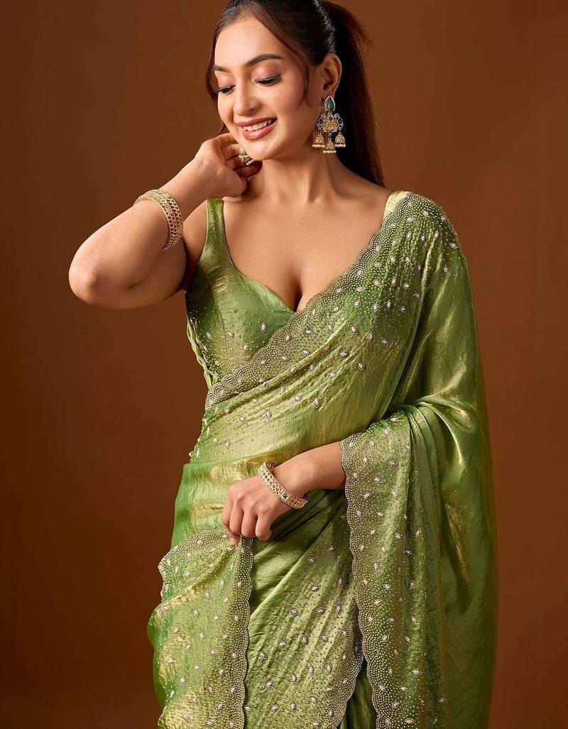Lime embellished beads and stones silk blend saree