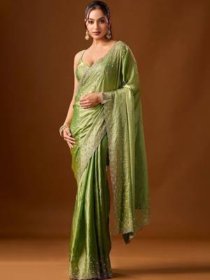 Lime embellished beads and stones silk blend saree 2