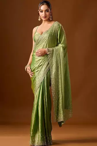 Lime embellished beads and stones silk blend saree