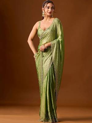 Lime embellished beads and stones silk blend saree 3