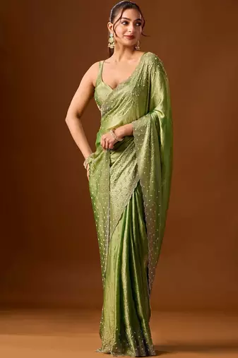 Lime embellished beads and stones silk blend saree