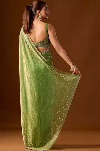 Lime embellished beads and stones silk blend saree
