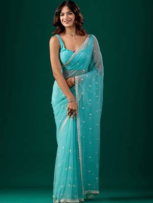 Turquoise woven design embroidered  chiffon saree 1