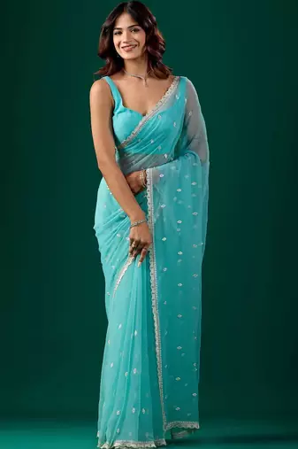 Turquoise woven design embroidered  chiffon saree