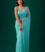 Turquoise woven design embroidered  chiffon saree
