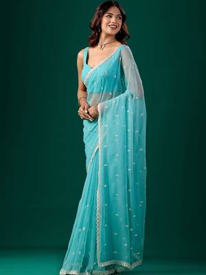 Turquoise woven design embroidered  chiffon saree 3