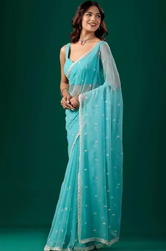Turquoise woven design embroidered  chiffon saree