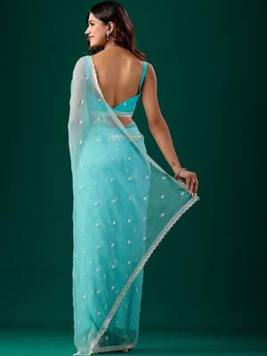 Turquoise woven design embroidered  chiffon saree 4