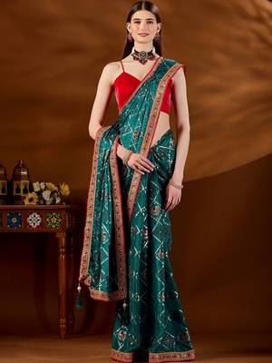 Teal bandhani zari organza saree 1