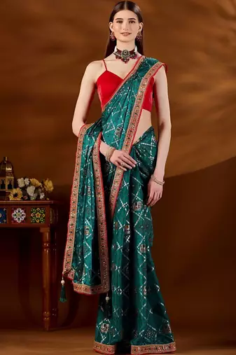 Teal bandhani zari organza saree