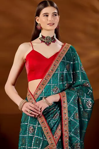 Teal bandhani zari organza saree