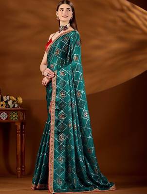 Teal bandhani zari organza saree 3