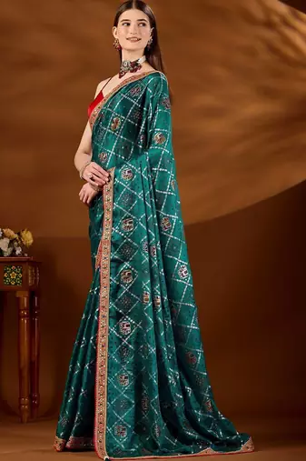 Teal bandhani zari organza saree
