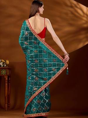 Teal bandhani zari organza saree 5