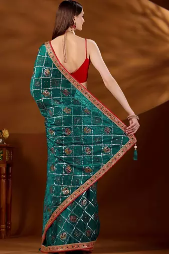 Teal bandhani zari organza saree