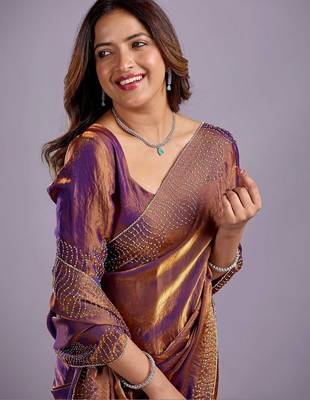 Purple embellished beads and stones organza heavy work saree 1