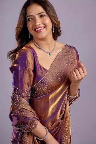 Purple embellished beads and stones organza heavy work saree