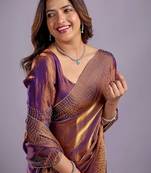 Purple embellished beads and stones organza heavy work saree