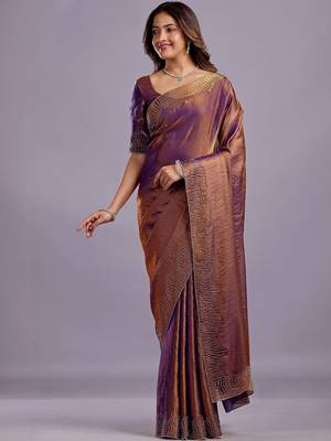 Purple embellished beads and stones organza heavy work saree 2