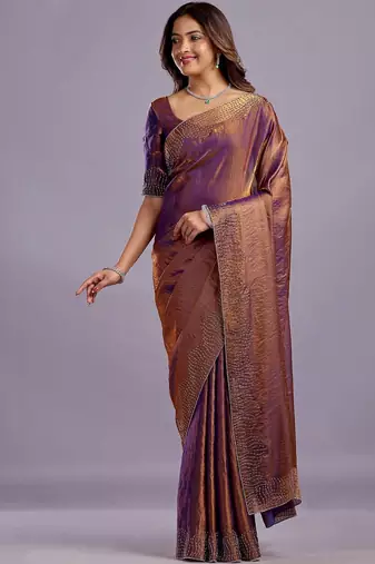 Purple embellished beads and stones organza heavy work saree