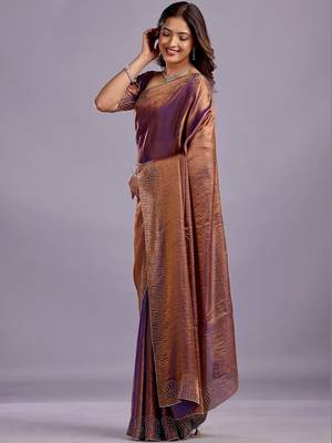 Purple embellished beads and stones organza heavy work saree 3