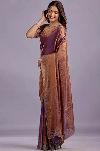 Purple embellished beads and stones organza heavy work saree