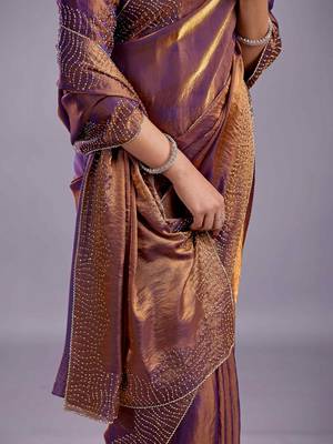 Purple embellished beads and stones organza heavy work saree 4