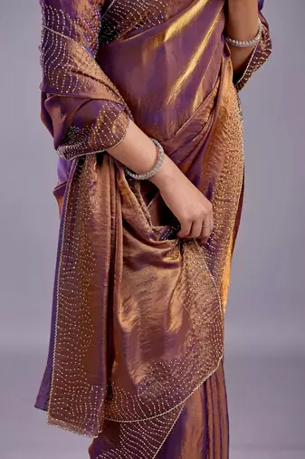 Purple embellished beads and stones organza heavy work saree