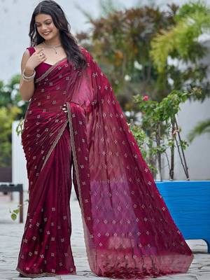 Maroon embellished embroidered silk blend saree 1