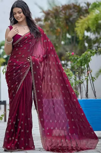 Maroon embellished embroidered silk blend saree