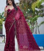 Maroon embellished embroidered silk blend saree