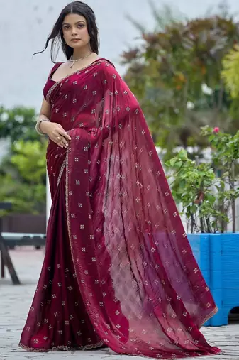 Maroon embellished embroidered silk blend saree