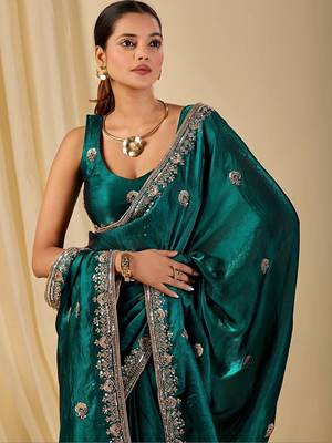 Teal ethnic motifs embroidered organza saree 2