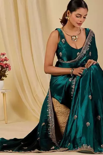 Teal ethnic motifs embroidered organza saree