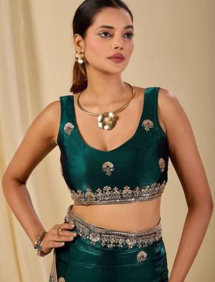 Teal ethnic motifs embroidered organza saree 4