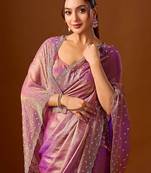 Purple embellished beads and stones silk blend heavy work saree