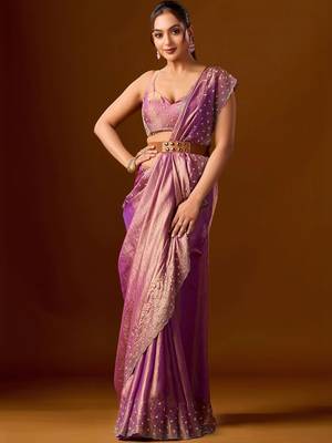 Purple embellished beads and stones silk blend heavy work saree 2