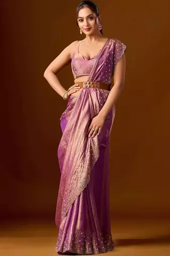 Purple embellished beads and stones silk blend heavy work saree