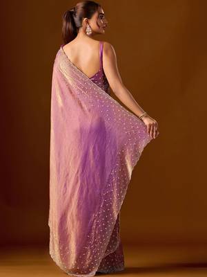 Purple embellished beads and stones silk blend heavy work saree 5