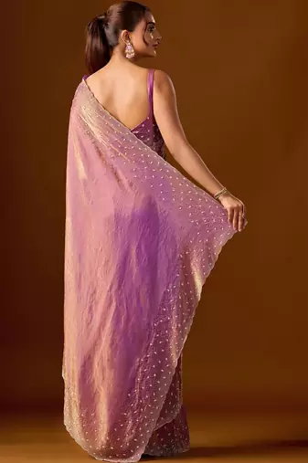 Purple embellished beads and stones silk blend heavy work saree