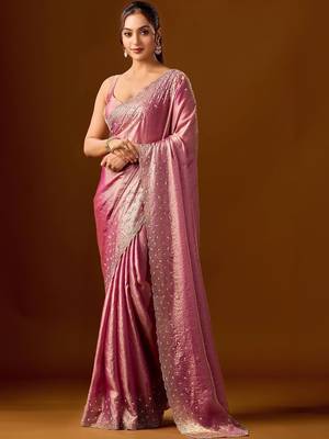 Pink embellished sequinned silk blend heavy work saree 1