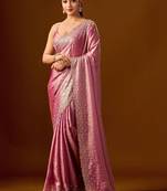 Pink embellished sequinned silk blend heavy work saree