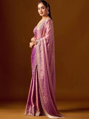 Pink embellished sequinned silk blend heavy work saree 2